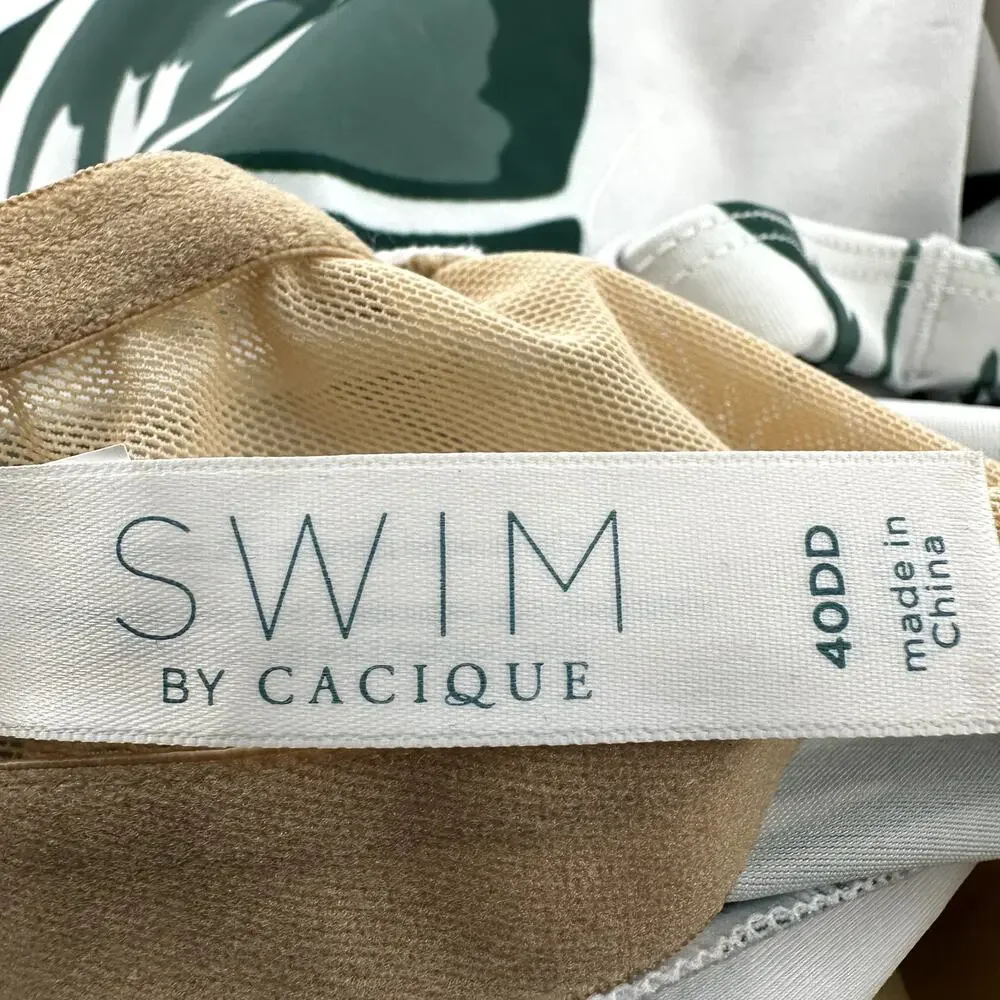 Cacique Swim Tankini Swimsuit Palm Print Underwire Adjustable White Green 40DD